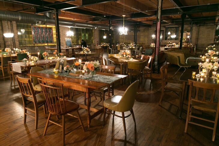 “We chose Salvage One because we thought the vibe of the space paired perfectly with our vision of an ideal wedding venue — urban, retro, funky and the perfect combination of classy, yet casual,” says Rachel. For the reception, the couple let the unique venue shine, opting for elements that played up Salvage One’s cool, old world vibe, like vintage accents, pastel blooms and lots of twinkling candlelight.