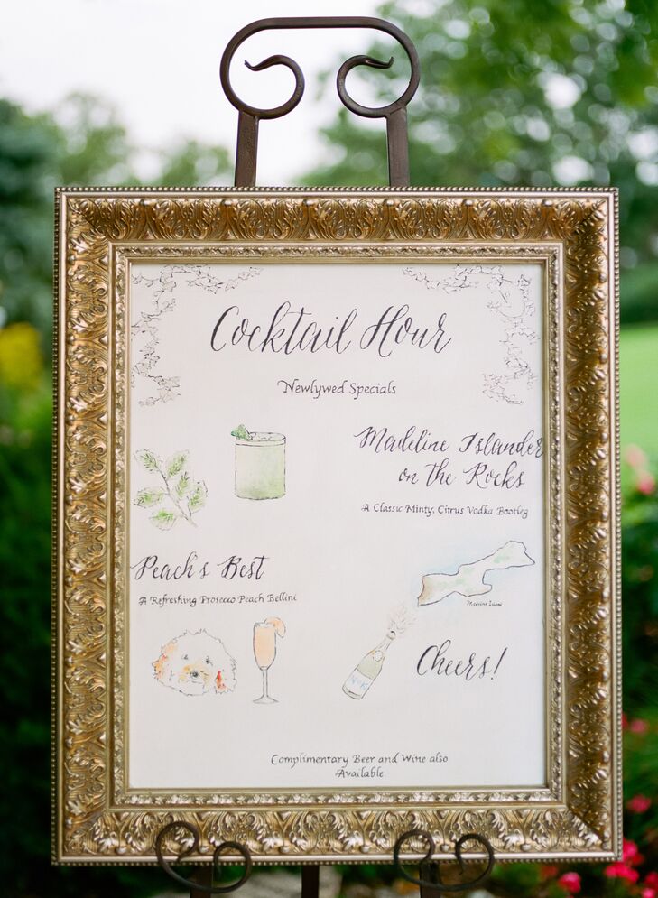 Katie hand-painted the cocktail hour sign, which greeted guests as they entered the terrace. “What I loved most about it was the personal aspect,” says Katie. “We named our cocktail hour drinks after two of our favorite things: Madeline Island, where my family spends summers, and Peach, our very beloved maltipoo, who could not make it to our wedding but who we are sure would have encouraged us to drink peach bellinis in her absence!”