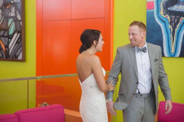 Mark wore a gray suit with suspenders, a white tuxedo shirt and a silver striped tie. As a gift, Mark gave his groomsmen cuff links from where he became friends with each.