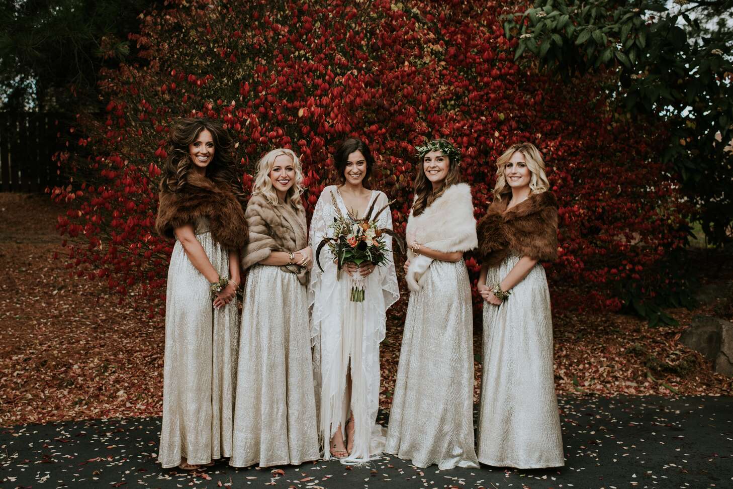 Bohemian Bridesmaids in Fur Shawls
