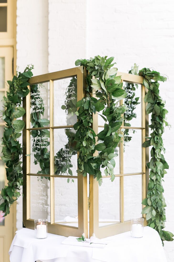 Gold Window Frame Seating Chart with Eucalyptus Garland