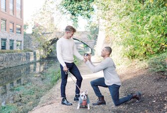 Couple getting engaged with dog