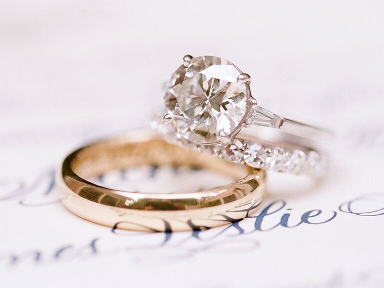 Engagement ring and gold wedding band 