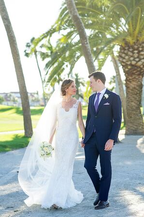 Classic Lace Pronovias Gown and Custom Navy Suit