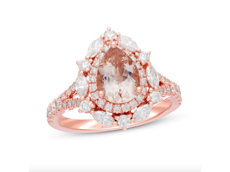 Neil Lane morganite engagement ring with one carat total weight diamonds in rose gold