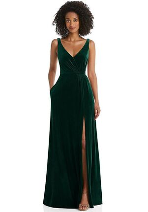 Dessy Group Velvet Maxi Dress with Shirred Bodice and Front Slit - TH085 V-Neck Bridesmaid Dress