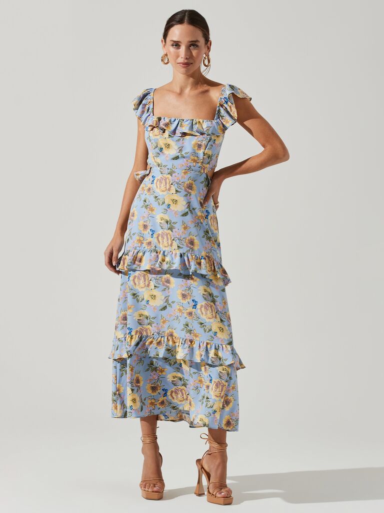 ASTR The Label yellow and blue floral maxi wedding guest dress with tiered skirt