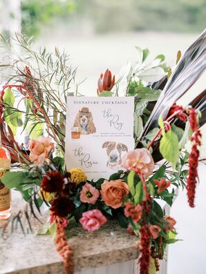 Custom Signature Cocktail Menu Featuring Drawings of Couple's Pet Dogs