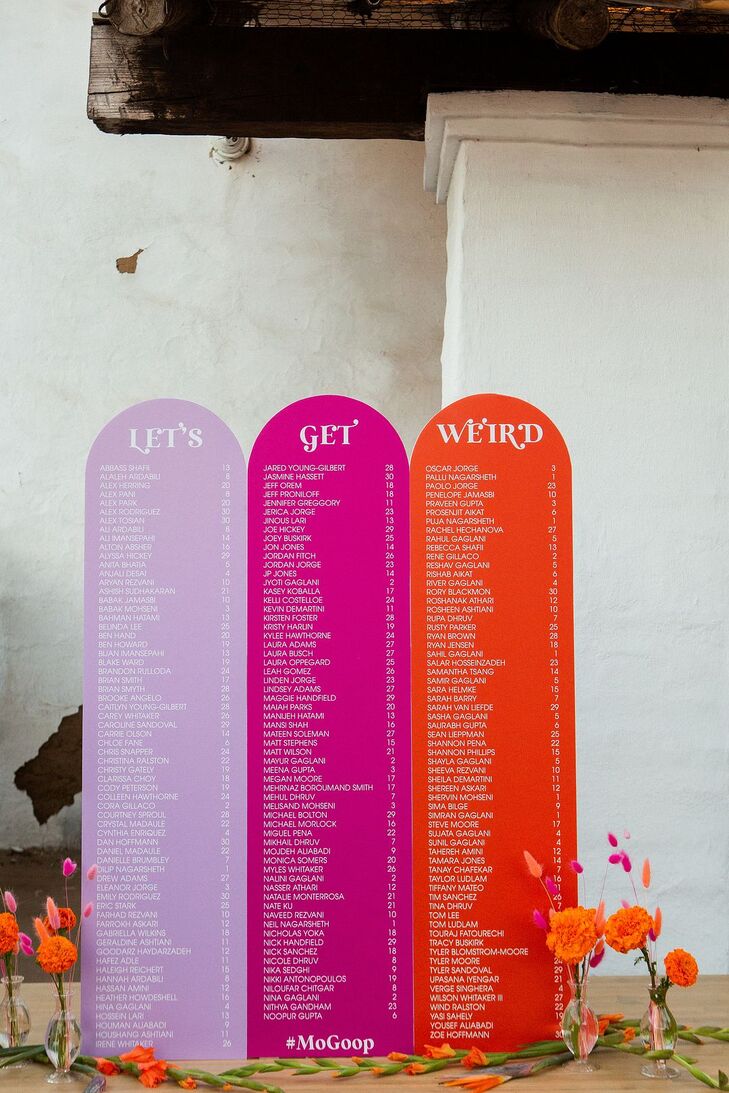 Bright wedding escort display of guests' names and table numbers on lavender, hot pink and orange signage with the phrase "Let's Get Weird."