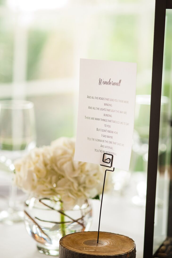 "We chose love songs instead of table numbers to show people where to sit (we love music, and wanted to share some of our favorite song lyrics from each title)," the bride says.