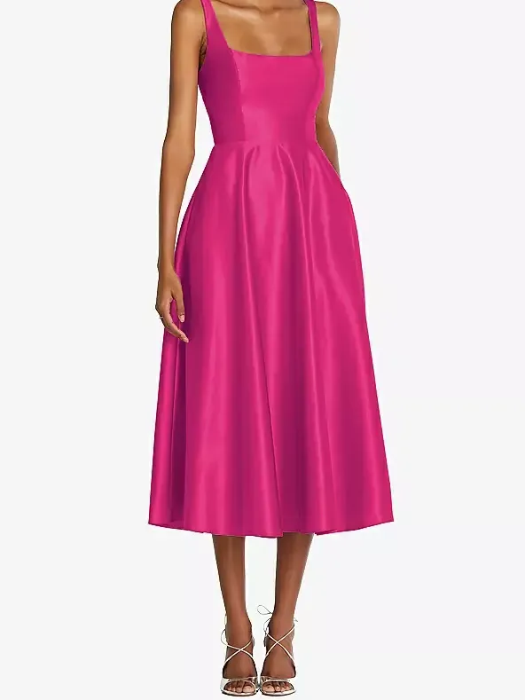 Pink square neck full skirt midi dress with pockets