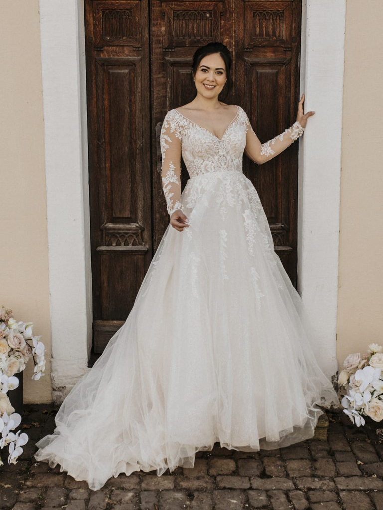 Satin V-neck Ball Gown Wedding Dress With Floral Lace Skirt