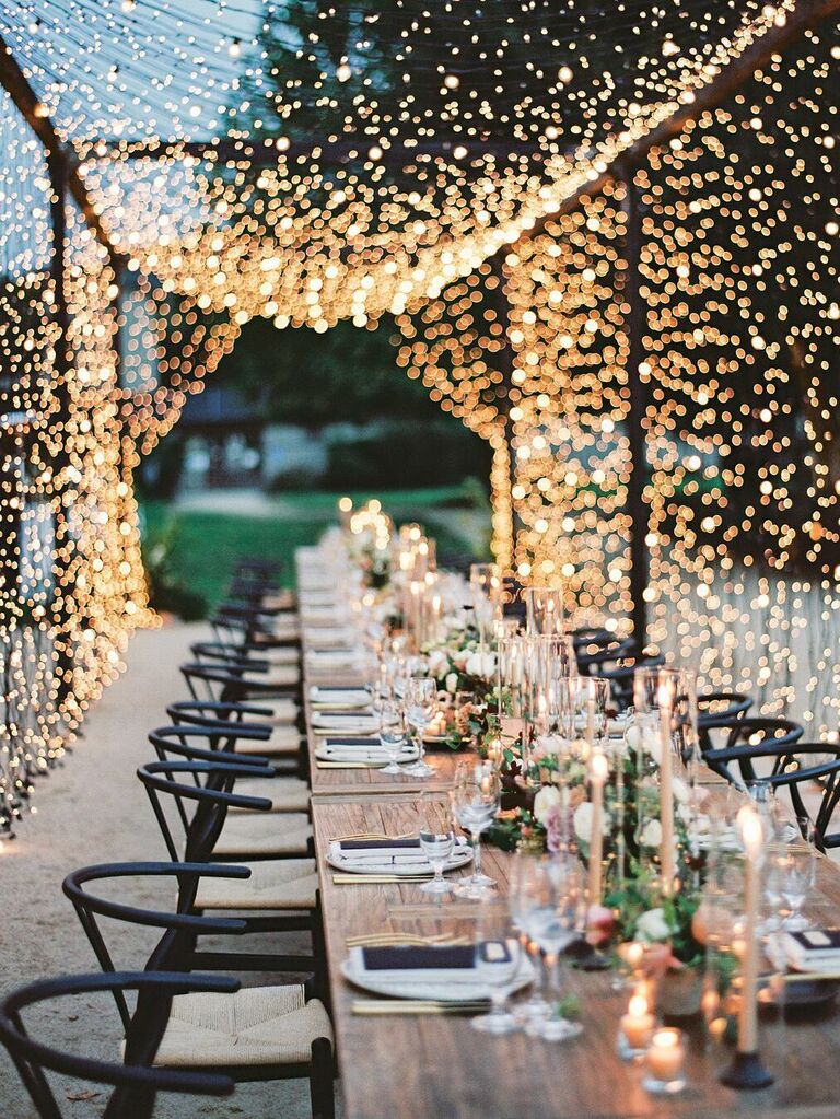 String light canopy at fairytale-themed wedding