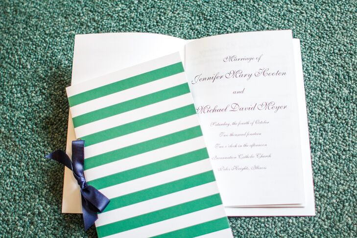 Blue and emerald green stripes could be found throughout the day, including on the couple's ceremony programs. Green and white stripes decorated the front and back covers, with just a hint of blue  in the form of a satin ribbon tied along the programs' spines.