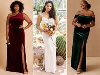 collage of three velvet bridesmaid dresses 