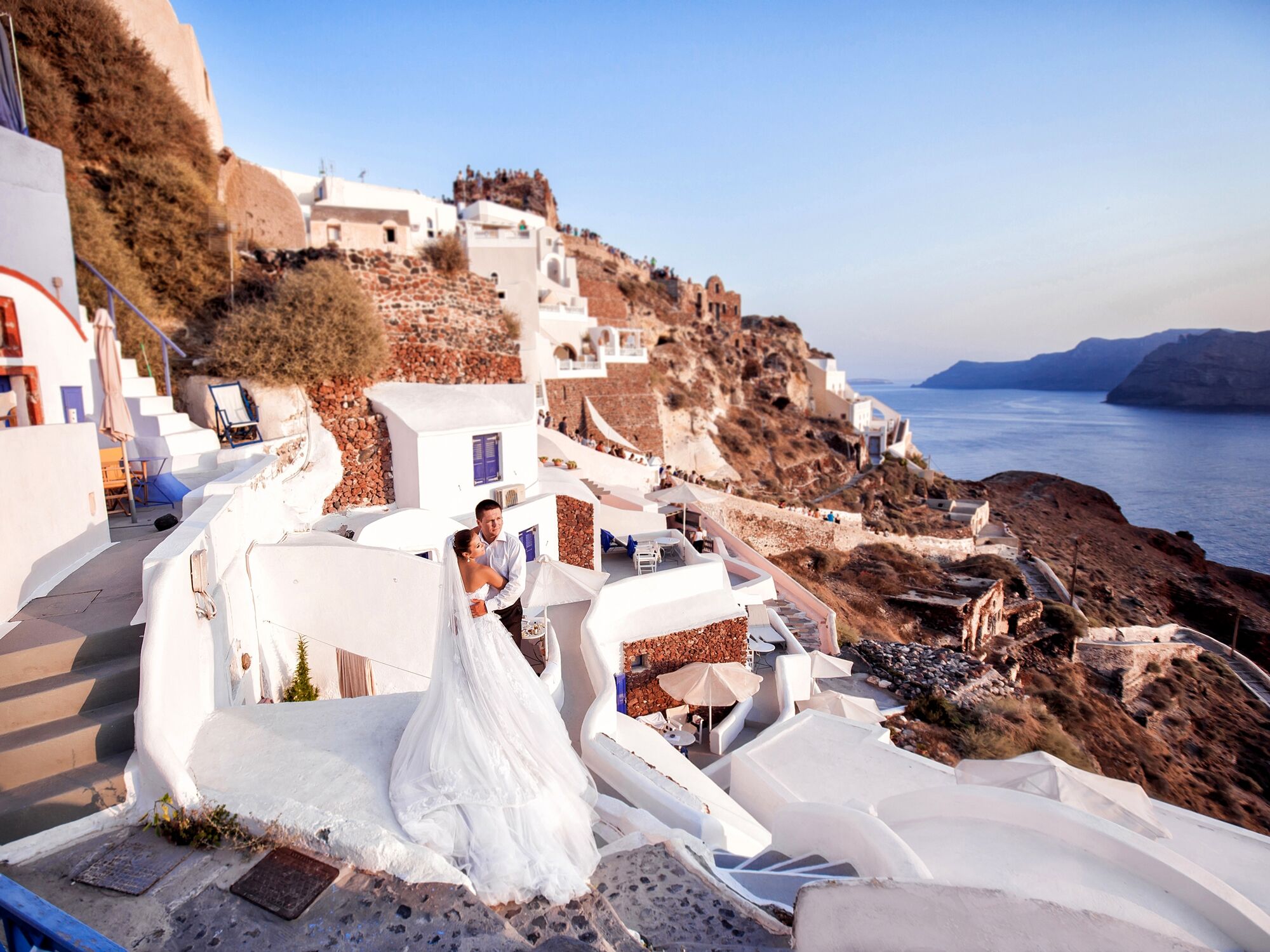 Beautiful sunny coast view to greek beach mediterranean blue sea