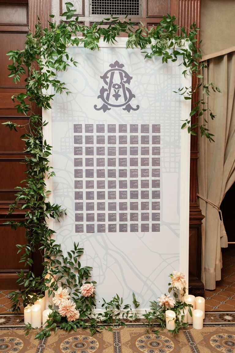 Escort card display with classic monogram
