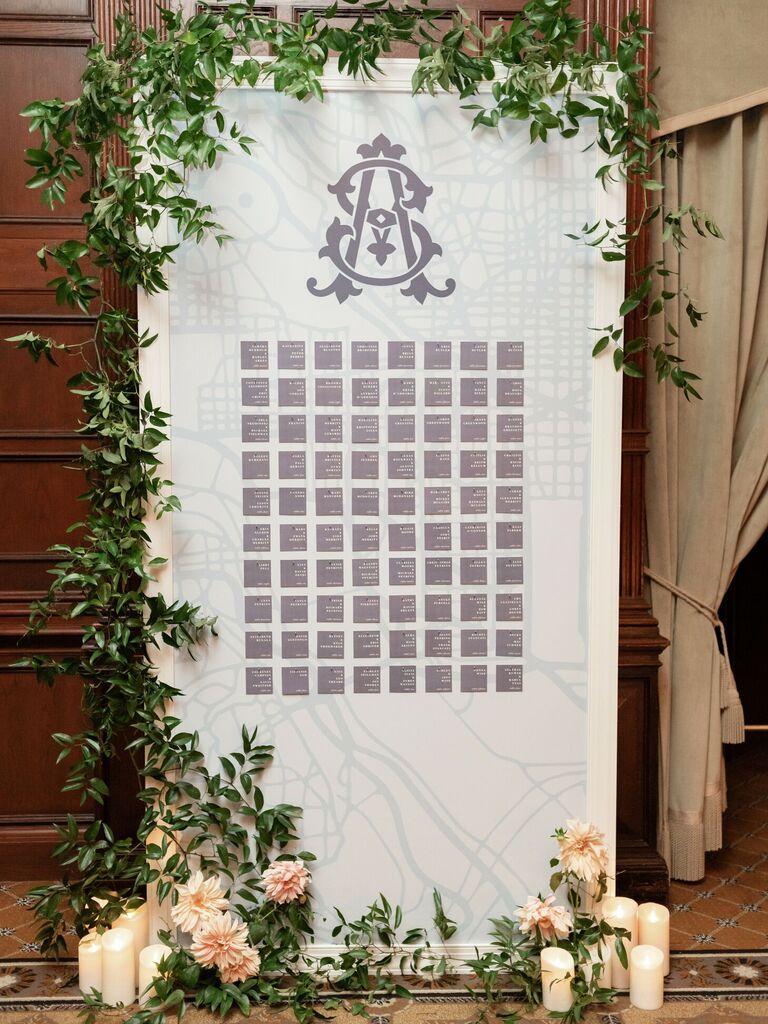 Escort card display with classic monogram
