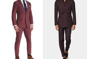 Collage of two burgundy suits for wedding 