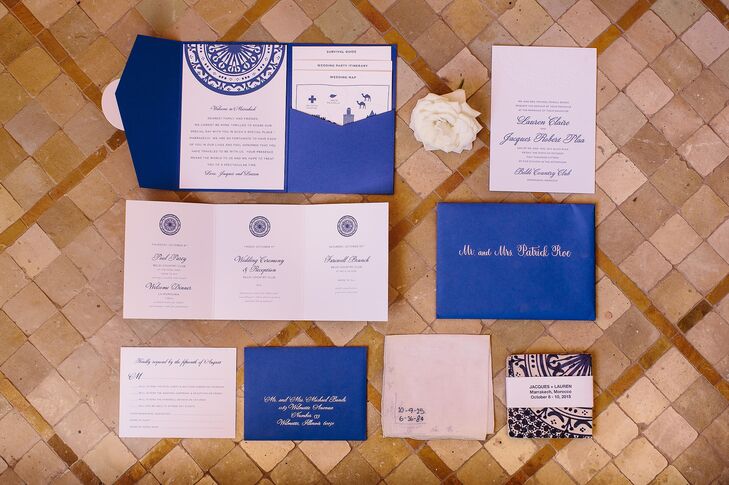 Where possible, Lauren and Jacques sourced decor and other items from Marrakech’s iconic souks. The pair purchased 150 blue and white zellige tiles to use as their save-the-dates and then worked with Catherine Sullivan of Chicago’s Charm Studio to incorporate their favorite tile design into a suite of custom stationery.