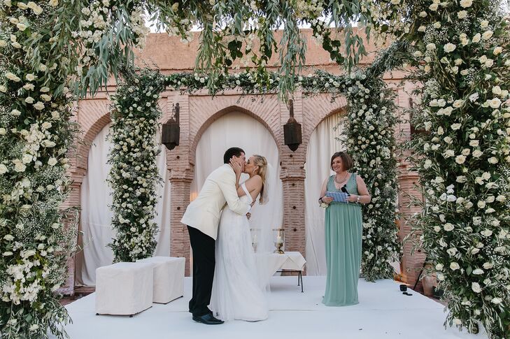 Lauren and Jacques exchanged vows under a dramatic wedding arch draped in lush olive branches, baby’s breath, bougainvillea and white roses. To give the ceremony a more personalized feel, a close family friend officiated and the couple wrote their own vows. “We boogied back up the aisle to ‘Move on Up’ by Lettuce,” Lauren says. “It was such a happy, exuberant beat that mirrored our own emotions.”