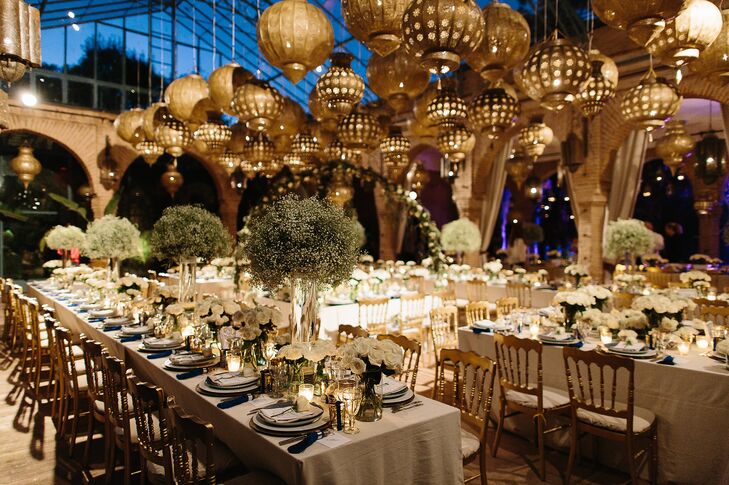 "One of my early directions to Rosena was 'lanterns everywhere,' and boy did she deliver," Lauren says of collaborating with her planner. Eighty Moroccan boule lanterns hung from the ceiling, while an additional 22 adorned the outer walls and archways of the riad. "It was truly magical," Lauren adds.