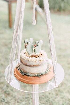 Single-Tier Wedding Cake With Cactus Topper on Swing