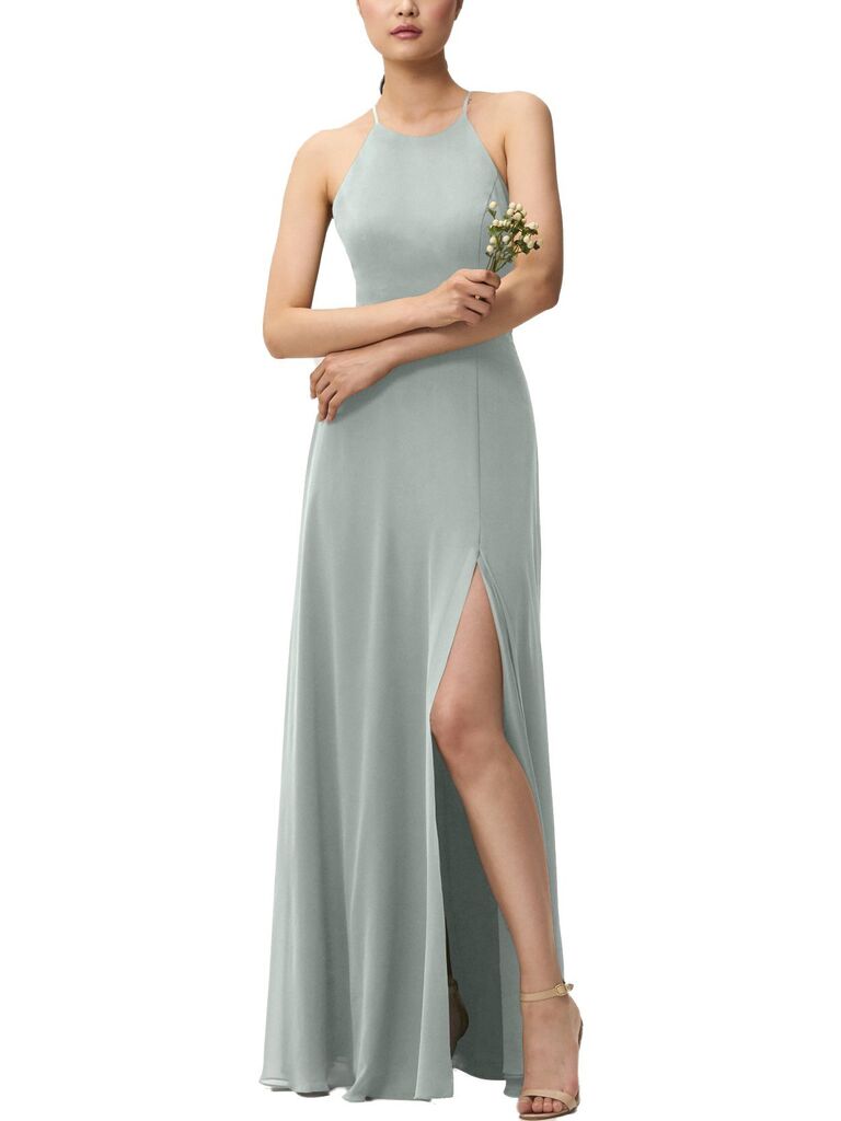 Light blue green gray bridesmaid dress