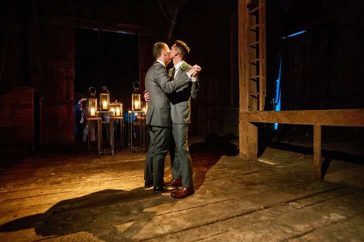 The Grooms Have Their First Dance at the Farmhouse with Glowing Lanterns