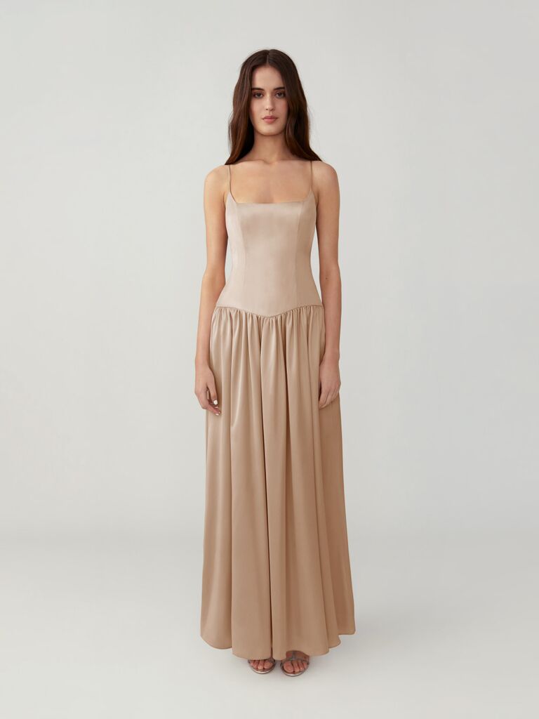 Drop waist satin gown by Fame and Partners. 