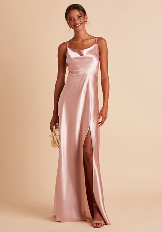 Birdy Grey Lisa Long Shiny Satin Dress in Rose Gold Scoop Bridesmaid Dress - 4