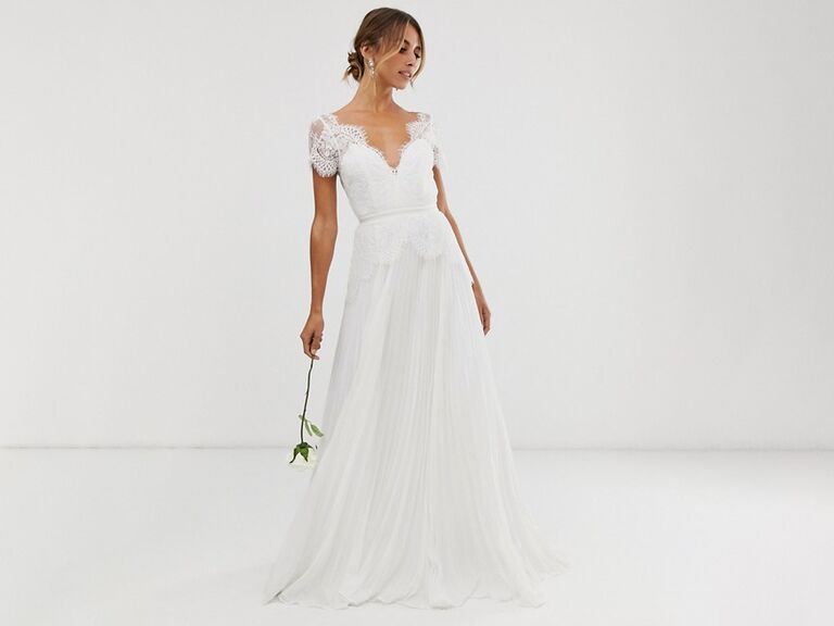 ASOS Edition plunge lace wedding dress with pleated skirt