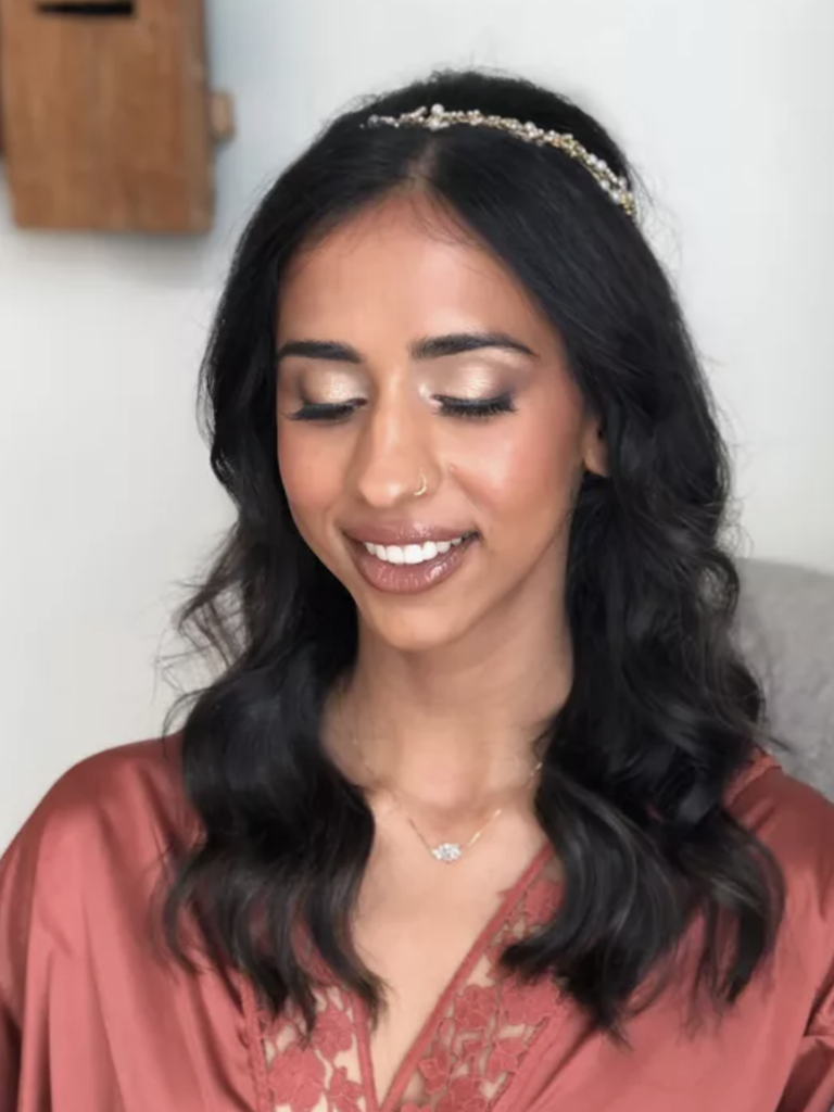 bride with champagne eye and hair down with headband