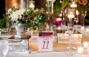 Purple Ombre Table Number with Watercolor Illustration