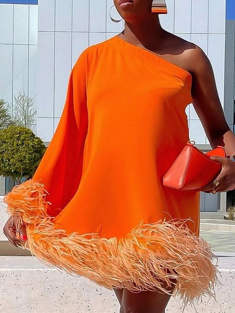 Plus size one-sleeve mini dress feather hem in orange from XPlusWear