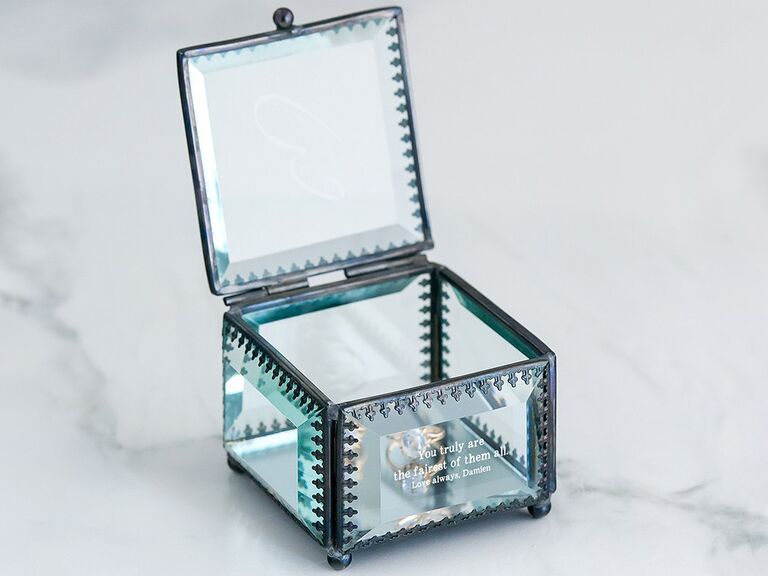 Vintage glass jewelry box with custom message wedding gift for bride