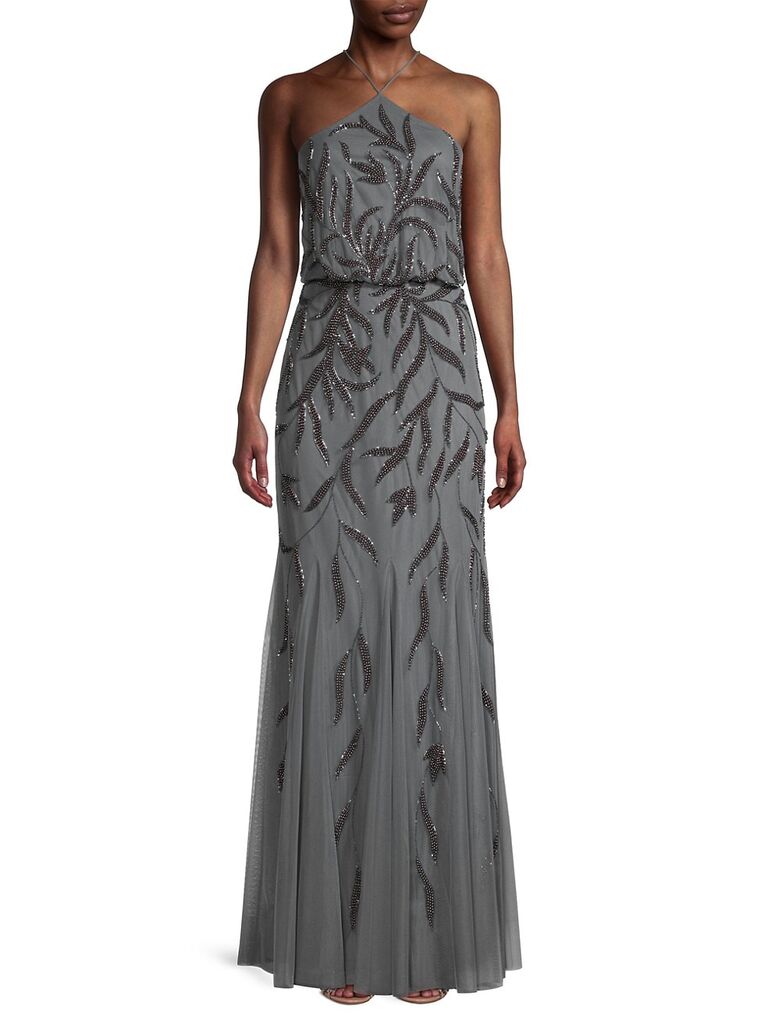 Gray halter neck floor length beaded gown