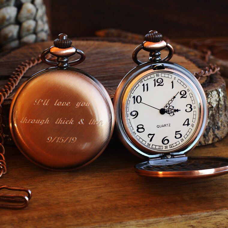 Engraved copper-tone pocket watch modern 15-year anniversary gift idea