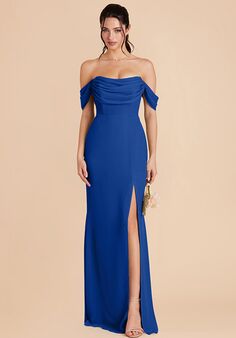 Birdy Grey Mira Chiffon Dress in Cobalt Blue Off the Shoulder Bridesmaid Dress