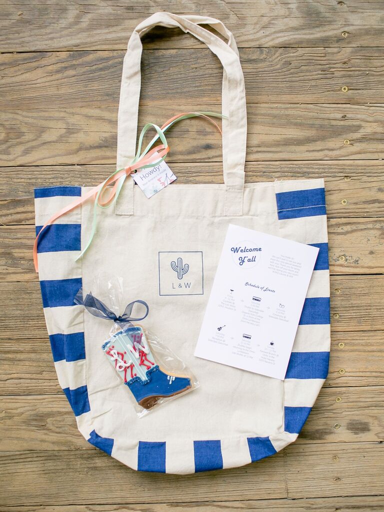 Personalized gift bag with a colorful blue print. 