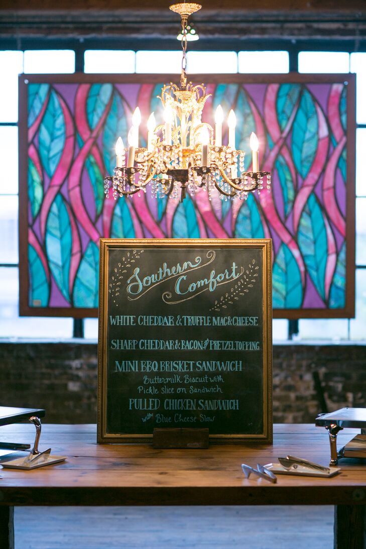 Instead of a sit down dinner, Rachel and Tristan opted for a “roaming reception” format, which allowed guests to mix, mingle and eat at their leisure. Drawing on Rachel’s Southern roots, the menu included a mouth-watering assortment of classic Southern comfort foods and Tex Mex favorites like tacos, fried green tomato sliders, truffle mac and cheese and pulled pork sandwiches.