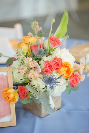Coral and Blue Flower Arrangement