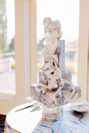 Unique, Three-Tier Wedding Cake in Lavender, Faux Cracks, Cascading White Ribbons and Aluminum