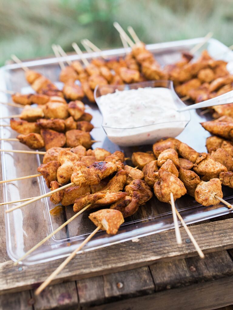Moroccan chicken skewers and mint yogurt sauce wedding reception appetizer