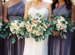 Asymmetrical Eucalyptus Bouquet With Peach Garden Roses
