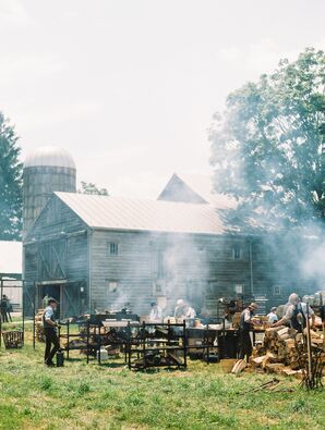 Open Wood Fires Cooking Food at Barn Wedding in Hudson Valley, NY