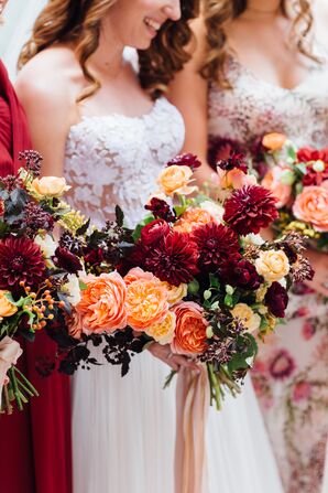 Burgundy and Peach Dahlia, Rose and Ranunculus Bouquet