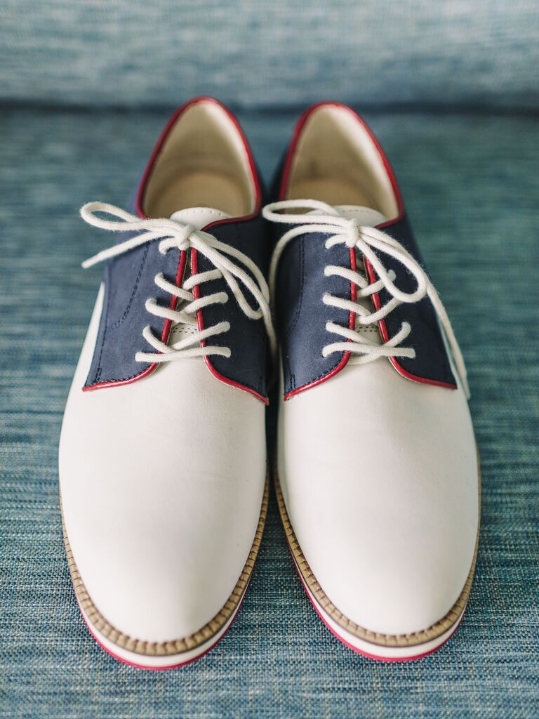 white oxford dress shoes with blue and red details