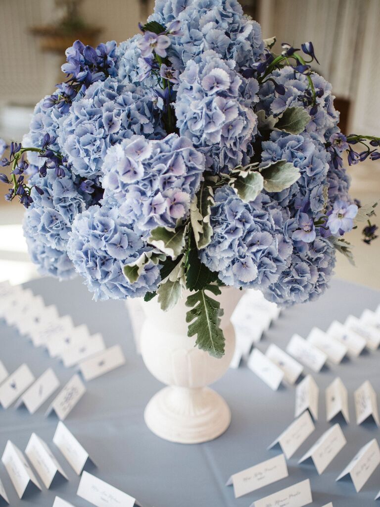wedding escort card display with pastel blue hydrangeas in a tall white vase surrounded by white tented escort cards