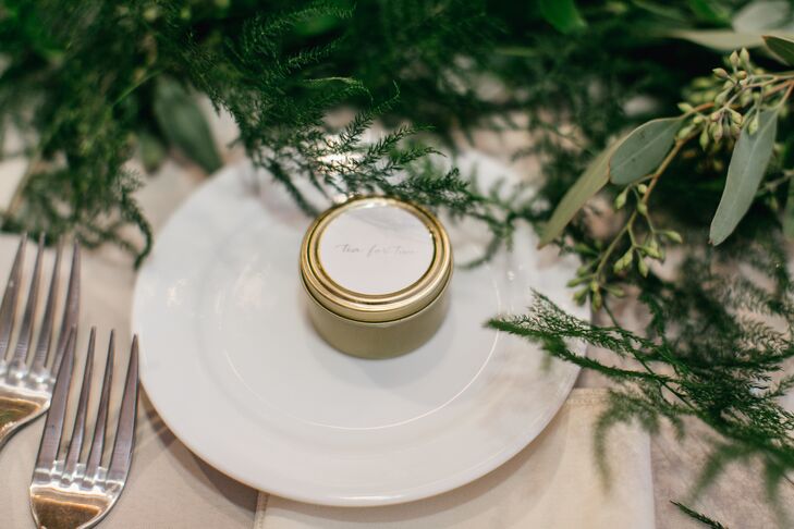 Each of the wedding's 85 guests were treated to hand-packed gold containers of loose-leaf earl grey tea.